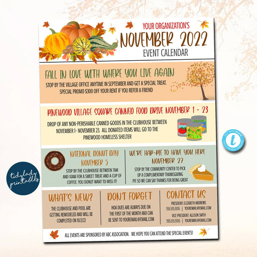 November Events Newsletter Flyer, School Pto Pta Printable, HOA Neighborhood Community Happenings  Email Communication, EDITABLE Template