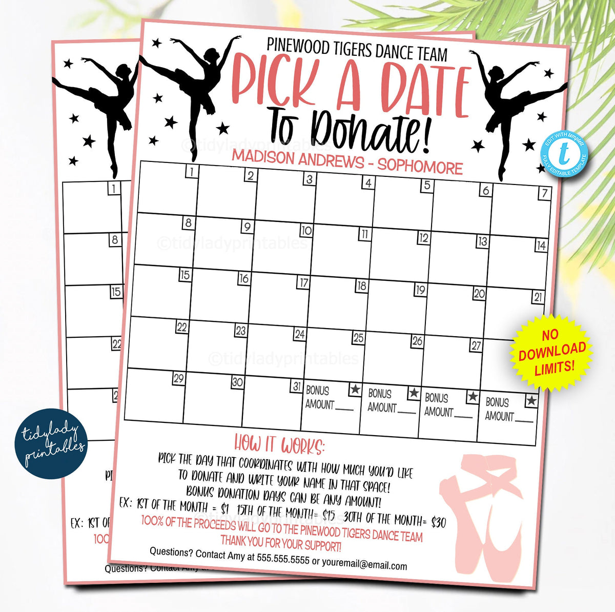 Editable Pick A Date To Donate Soccer Fundraiser Calendar 