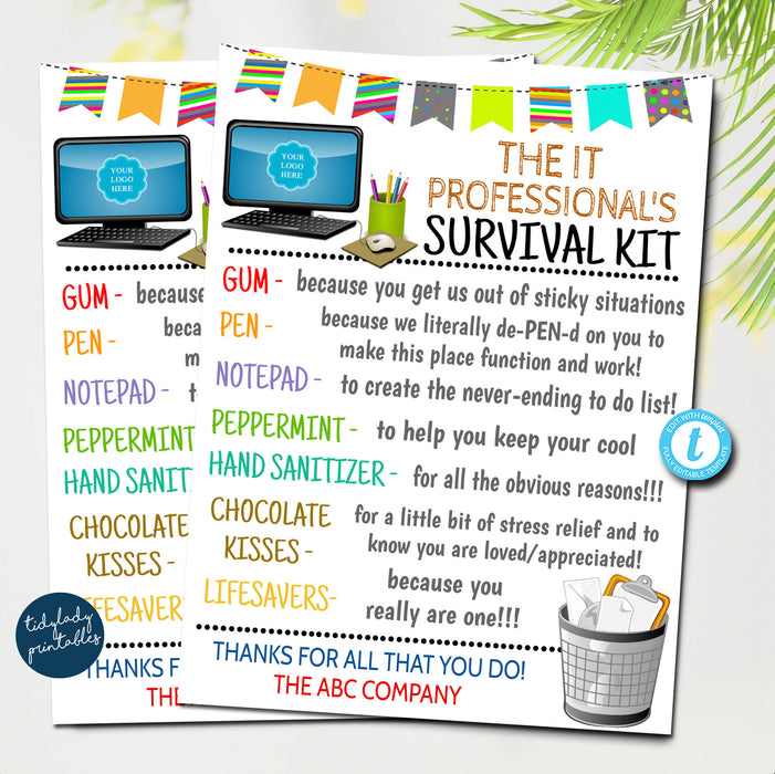 IT Professional Survival Kit Gift Tags, Technology Professional's Day, Admin HR Gifts Computer Secretaries Day Digital, Editable Template