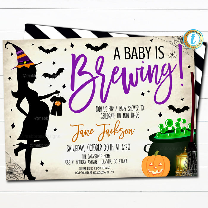 Printable Halloween baby shower, A Baby is brewing baby shower, little boo, baby brewing halloween invitation, editable instant download