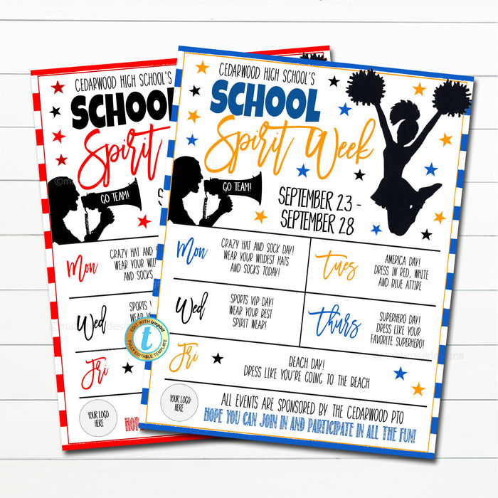 School Spirit Week Itinerary Schedule, Daily Weekly Calendar, High School Pto Pta, Planner Printable, Spirit Week Events, Editable Template