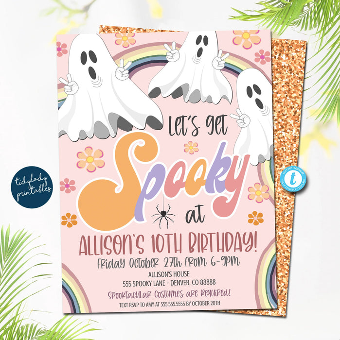 Let's Get Spooky Birthday Invitation, Hippie Ghost Pink Pastel Girl Halloween Party Invite, Hey Boo Ghost Retro Printable, EDITABLE TEMPLATE