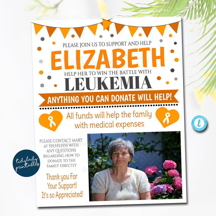 Lukemia Benefit Fundraiser Flyer, Printable Orange Ribbon Charity Church Benefit Fundraiser Event Poster Cancer Awareness, EDITABLE TEMPLATE