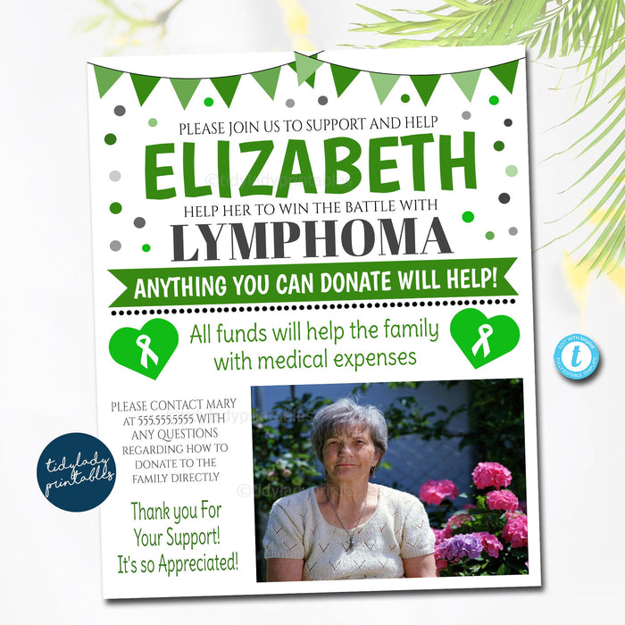 Lymphoma Benefit Fundraiser Flyer, Printable Green Ribbon Charity Church Benefit Fundraiser Event Poster Cancer Awareness, EDITABLE TEMPLATE