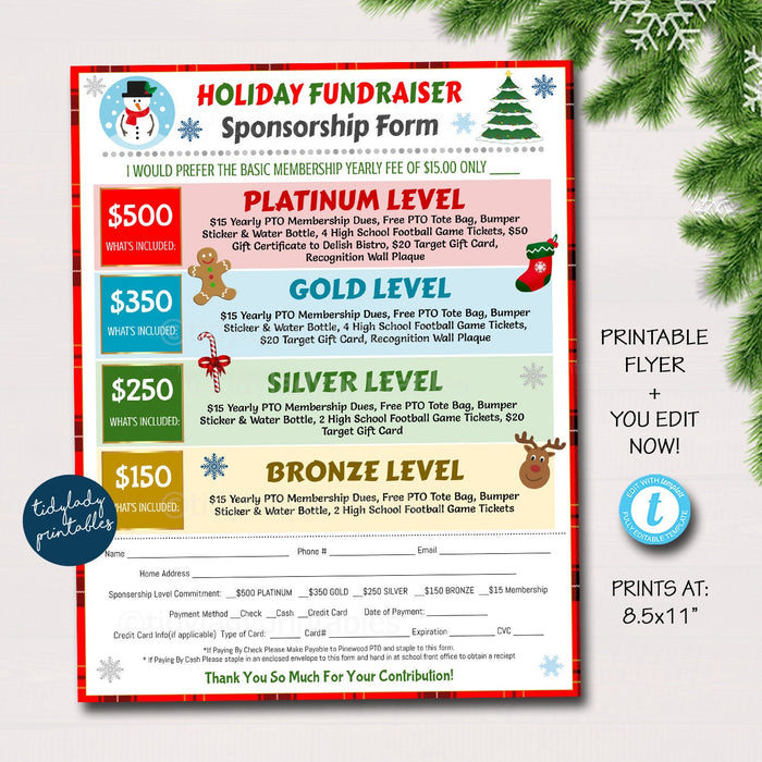 Holiday Fundraiser Sponsorship Form, Sponsership Membership Donation Signup Printable Handout, Christmas Fundraiser Event, EDITABLE TEMPLATE