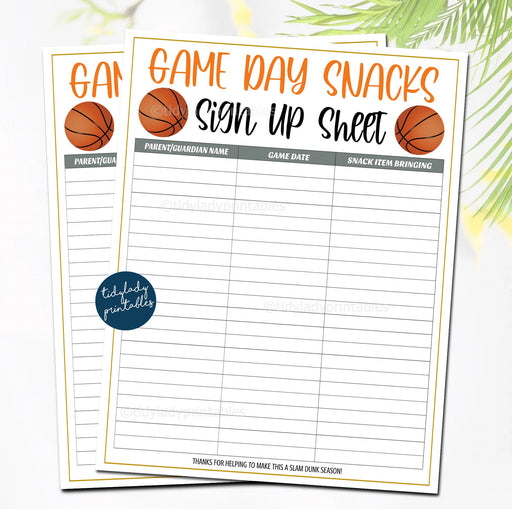 Basketball Snack Volunteer Sheet, Basketball Printable, Snack Sign up Sheet, School Sports Team, Basketball Team Coach Form INSTANT DOWNLOAD
