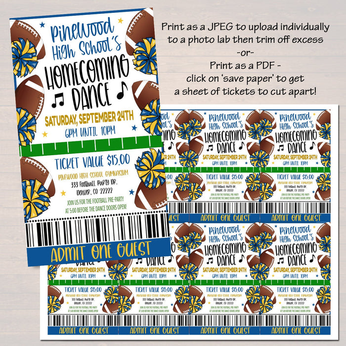 Editable Homecoming Dance Invite, Printable Ticket, School Spirit Night Party, Homecoming Football Game Flyer, High School Dance, Template