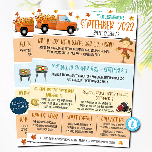 September Events Newsletter Flyer, School Pto Pta Printable, HOA Neighborhood Community Happenings  Email Communication, EDITABLE Template