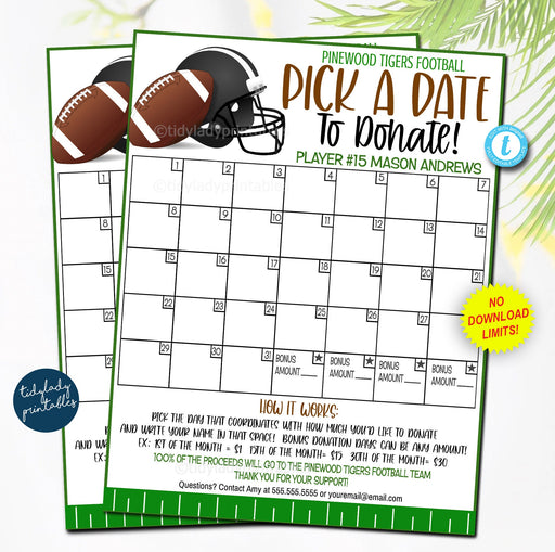 EDITABLE Football Pick a Date to Donate Printable, Football Fundraiser, Team Sports Football Player Calendar, Printable Digital Template