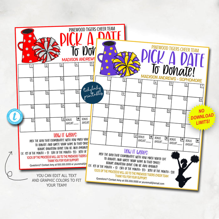 EDITABLE Cheer Pick a Date to Donate Printable, Cheerleader Fundraiser, Poms Dance Team Fundraiser, Editable Calendar Cheer File, Template
