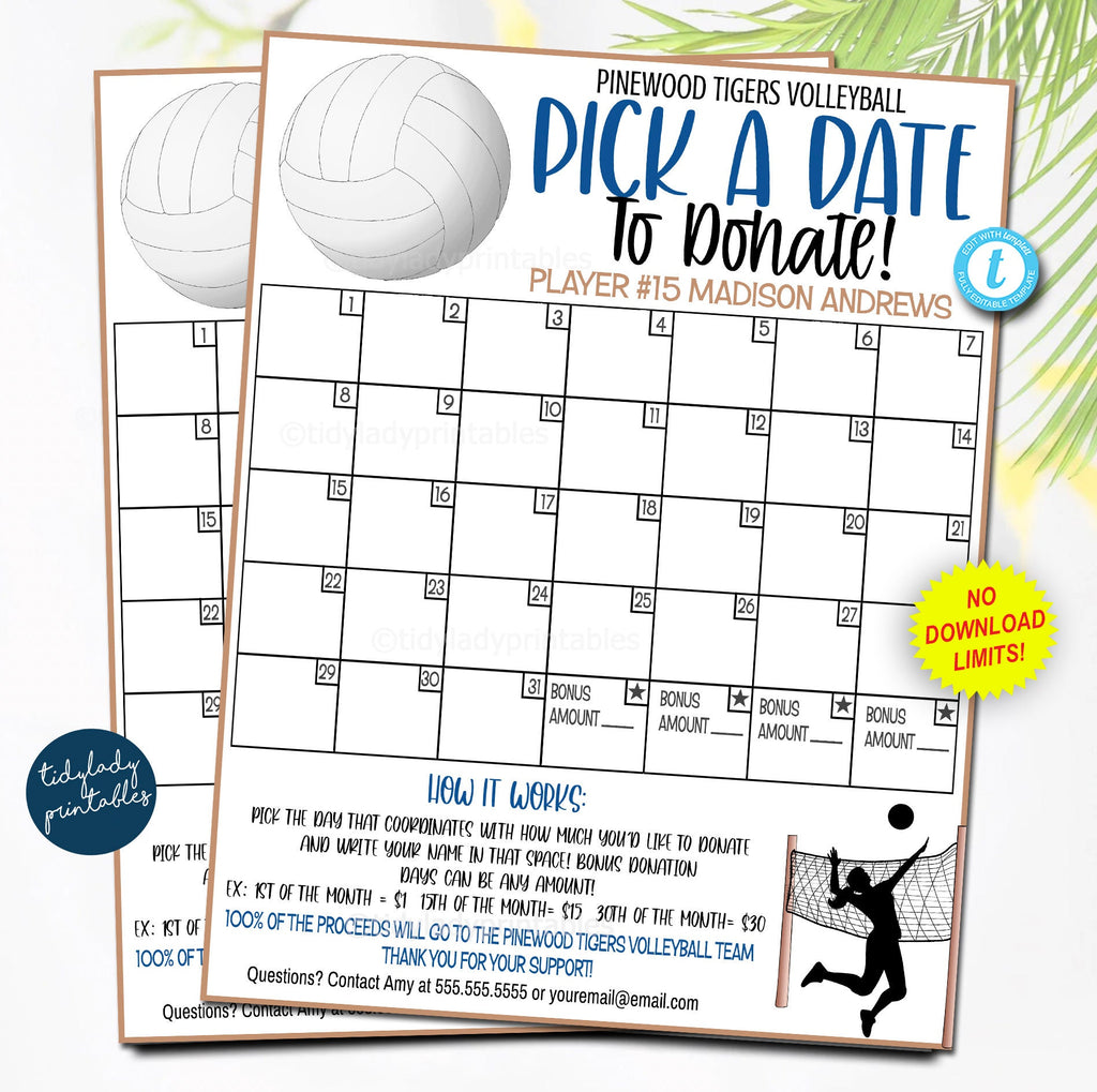 Volleyball Pick a Date to Donate Printable Flyer — TidyLady Printables