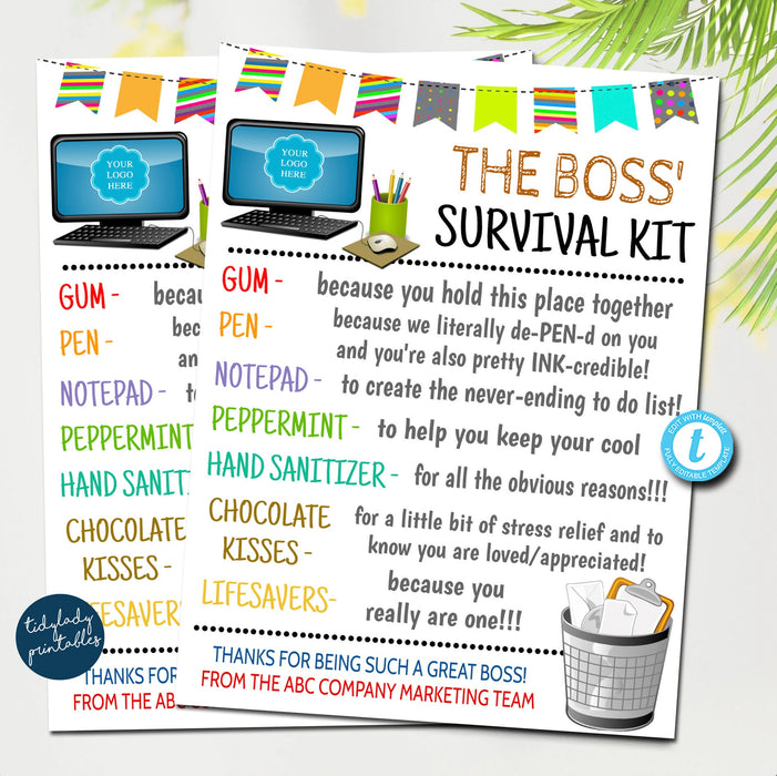 Boss Survival Kit Gift Tags, Corporate Professional's Day, Admin HR Manager Gifts, Office Company Managerial Gift Digital, Editable Template