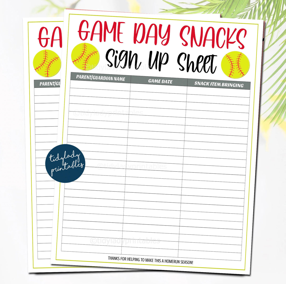 Softball Snack Volunteer Sheet TidyLady Printables Softball Snack Volunteer Sheet TidyLady Printables