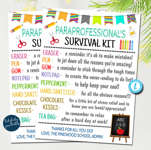 EDITABLE Paraprofessional Survival Kit Printable, Back to School Gift, Pta Pto, School Staff Appreciation Day, Thank You Gift Idea TEMPLATE