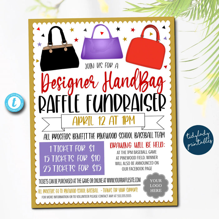 Purse Raffle Ticket Fundraiser Flyer, Designer Handbag Raffle fundraiser, cash raffle flyer, Sports Fundraiser School pto pta Church Charity
