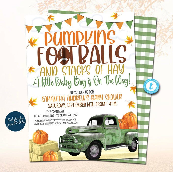 Fall Baby Shower Invitation, Pumpkin, Little Green Truck, Football, Pumpkin Patch, Boy Autumn Farm Tailgate Baby Sprinkle, EDITABLE TEMPLATE