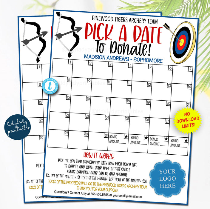 EDITABLE Archery Pick a Date to Donate Printable, Archery Fundraiser Team Sports Archery Calendar Printable, Digital Template
