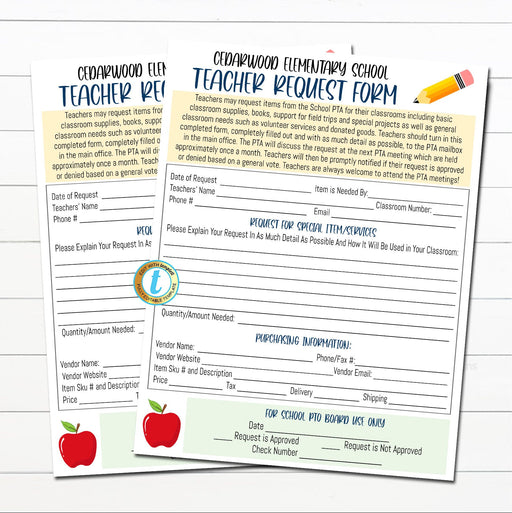 Printable PTO PTA Teacher Request Form, School Donations Form, Supplies Request Application Form Template, Back to School Classroom Template