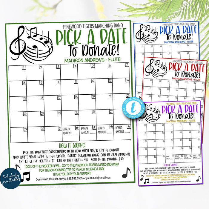 EDITABLE Music Pick a Date to Donate Printable, Marching Band Fundraiser, Choir Music Group Fundraiser, Editable Calendar File, Template