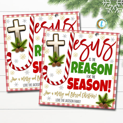 Christmas Religious Gift Tag, Jesus is the Reason For the Season, Candy Cane Holiday Catholic Faith Christian Treat, DIY Editable Template
