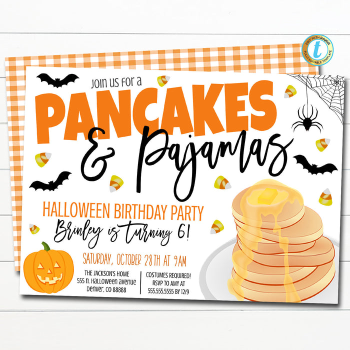 Halloween Pancakes And Pajamas Invitation, Editable Pancakes & Pajamas Birthday Party, Halloween Brunch Breakfast School Classroom Template