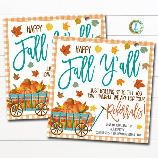 Fall Realtor Pop By Tag, Happy Fall Ya'll Teal Blue Wagon Pumpkins, Small Business Marketing Client Referral Printable, Editable Template