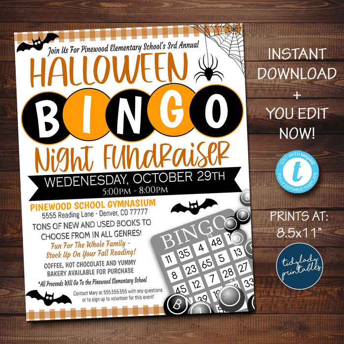 EDITABLE Hallowen Bingo Night Flyer, Printable Halloween Invitation, Community Fundraiser Halloween Event, Church School Halloween Party