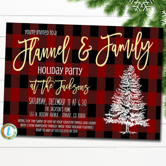 Flannel and Family Holiday Party Invitation, Christmas Party Plaid Invitation, Xmas Potluck Dinner Cozy Pajamas Party, Editable Template