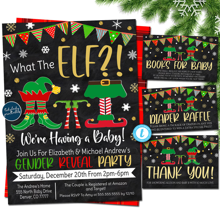 Christmas Gender Reveal Party Invitation, Holiday Baby Shower Invite , What the Elf is it Going to Be, Santa Baby, INSTANT DOWNLOAD Editable