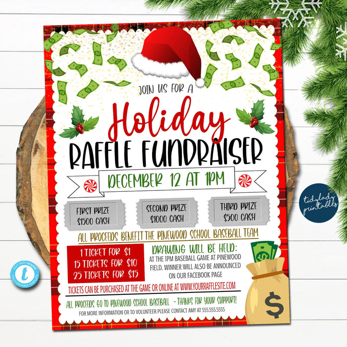 Christmas Raffle Ticket Fundraiser Flyer, Holiday split the pot Raffle, cash raffle, Sports Fall Fundraiser, pto pta Church School Charity