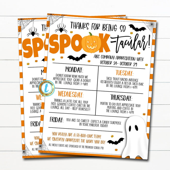 Printable Editable Halloween Appreciation Itinerary, Teacher and Staff Employee, Thank You for being spooktacular Flyer, Schedule of Events