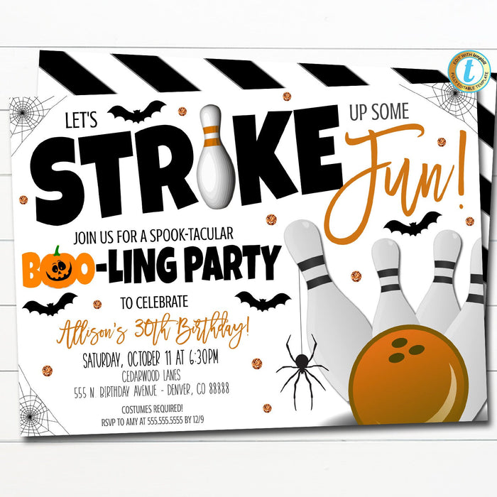 Halloween Bowling Party Invitation, Fall Halloween Invite, Spooky Birthday Costumes and Cocktail Games Party, Work Party Editable Template