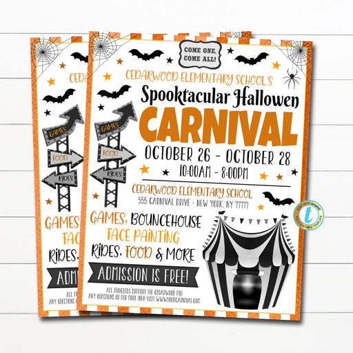 EDITABLE Halloween Carnival Flyer, Printable PTA PTO, School Church Benefit Fundraiser Event Festival Poster, Digital Spooky Circus Party