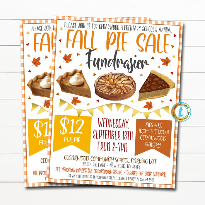 Fall Pie Sale Fundraiser Flyer, Thanksgiving Pumpkin Apple Pecan Pie Invitation, School Pto Pta Church, Fall Bake Sale, EDITABLE TEMPLATE