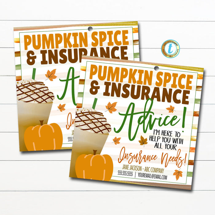 Fall Marketing Tag, Pop By Tag, Pumpkin Spice and Insurance Advice, Coffee Small Business Promo Client Referral Printable, Editable Template
