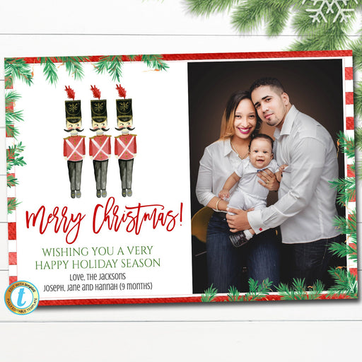 Holiday Photo Card Template, Christmas Preppy Nutcracker Watercolor, Family Yearly Christmas Holiday Stripes Classic, Editable Download