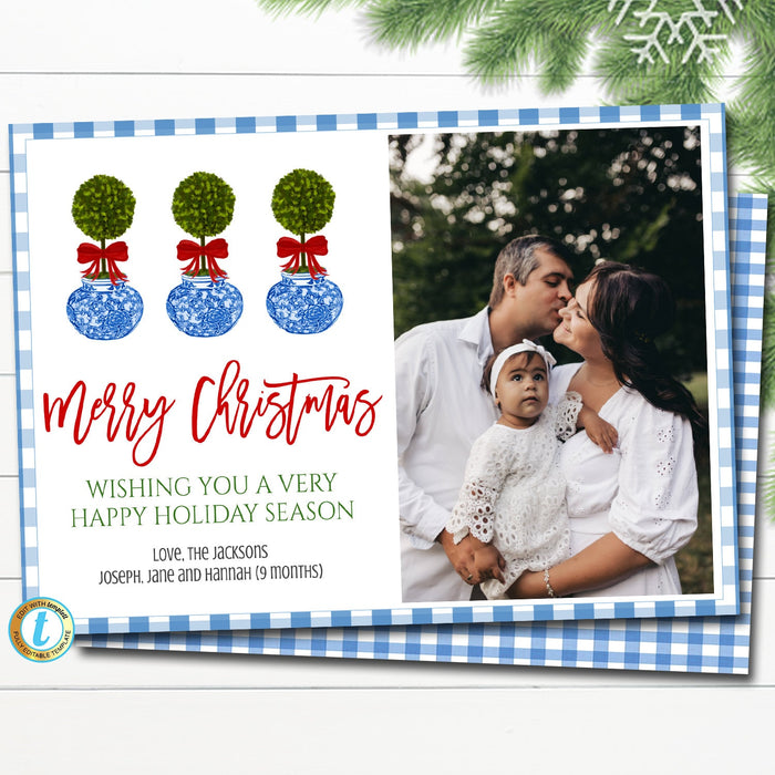 Holiday Photo Card Template, Christmas Preppy Blue and White Ginger Jar, Southern Chinoiserie Chic Invite, Holiday Plaid, Editable Download