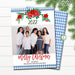 Holiday Photo Card Template, Christmas Preppy Blue and White Gingham, Red Poinsettia Flowers, Watercolor Holiday, Editable Download