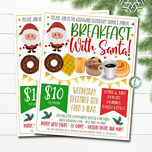 Breakfast with Santa flyer, EDITABLE template, Christmas fundraiser, PTA PTO event, Fundraiser ideas, Community event, Pancakes with Santa