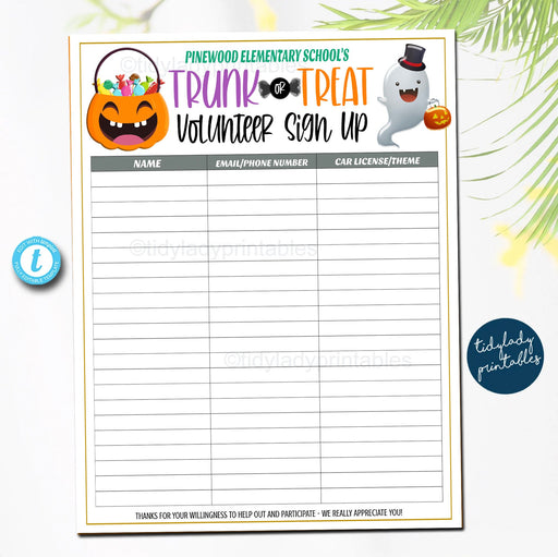 EDITABLE Trunk or Treat Car Volunteer Sign Up Form Printable Halloween, Community Church Halloween Event Sign Up Sheet Kids Halloween Party