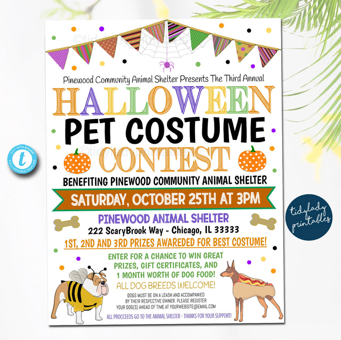 EDITABLE Halloween Pet Costume Contest Flyer, Animal Shelter Rescue Community Nonprofit Halloween Benefit Event, Halloween Party, PRINTABLE