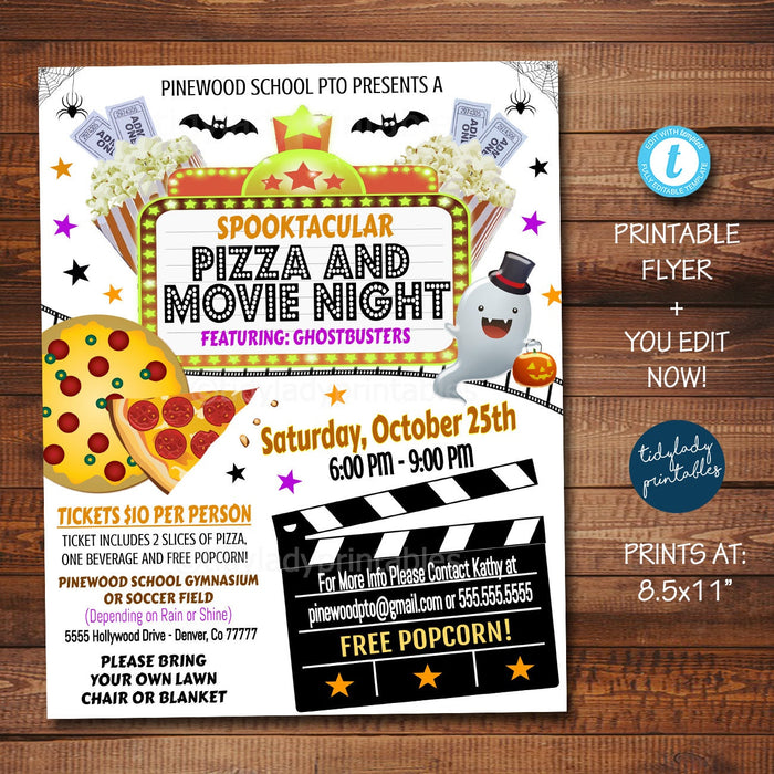 Halloween Pizza and Movie Night Flyer, School or Church Pizza party, School Pto Pta Fundraiser, Cinema Party Printable Invitation, EDITABLE