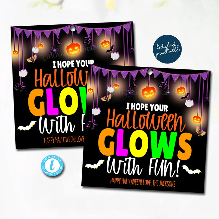 Halloween Glows with Fun Tag, Halloween Glow Stick Gift Tag A Little Light Halloween Night Student Classroom Favors, Trick or Treat EDITABLE