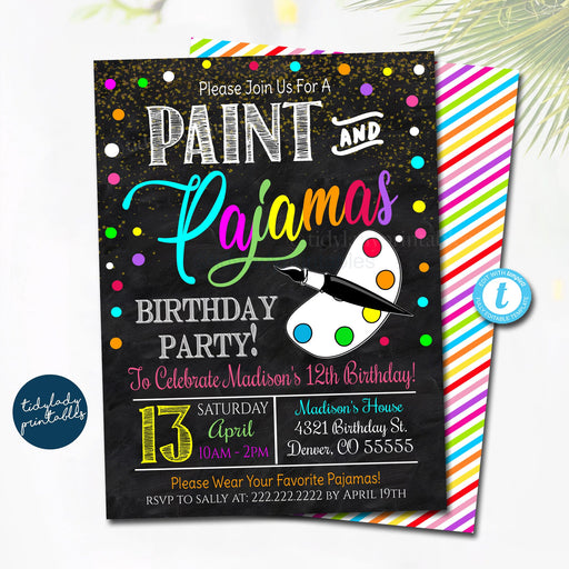 Paint and Pajamas Party Invitation, Birthday Party Invite, Kid Girl Teen Tween sleepover Party Printable Digital Invite, EDITABLE TEMPLATE