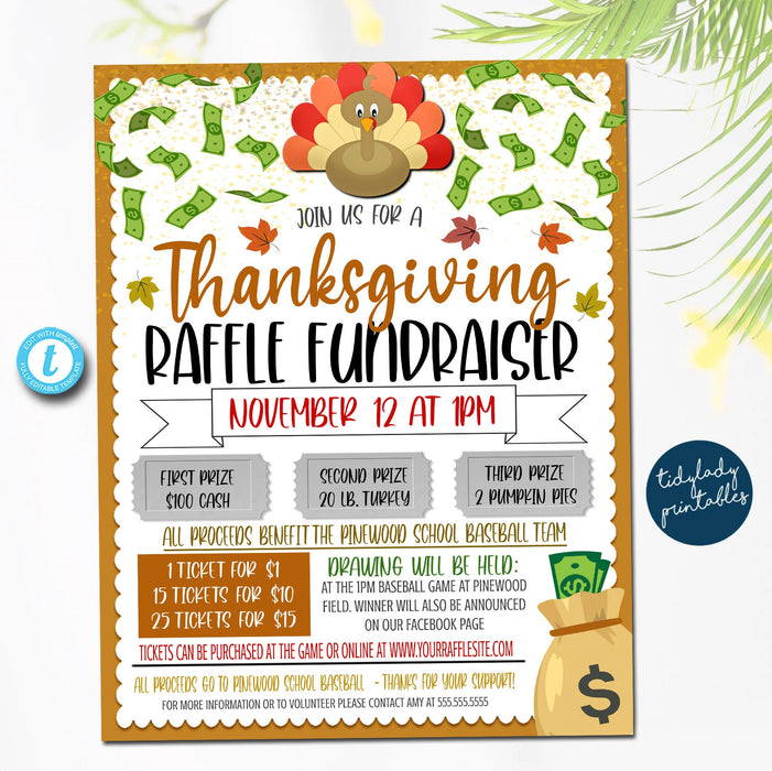 Thanksgiving Raffle Ticket Fundraiser Flyer, split the pot Raffle, cash raffle flyer, Sports Fall Fundraiser, pto pta Church School Charity
