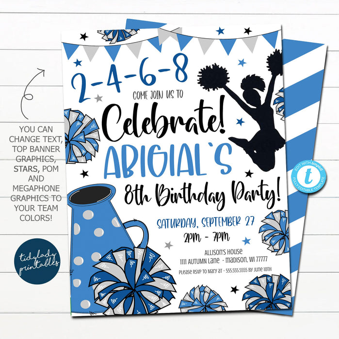 Girl Cheerleader Invite, Cheer Birthday Invitation, Editable Cheerleader tailgate game time, Girl Sibling Birthday Poms Cheer Team, EDITABLE