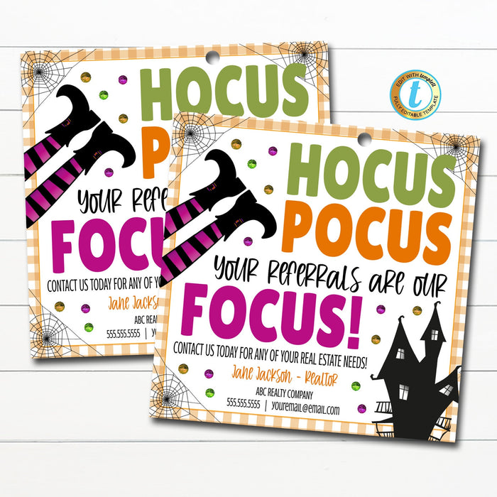 Halloween Realtor Gift Tags, Hocus Pocus Referrals Are Our Focus, Sweet Real Estate Deal, Fall Marketing Pop By Tag, DIY Editable Template