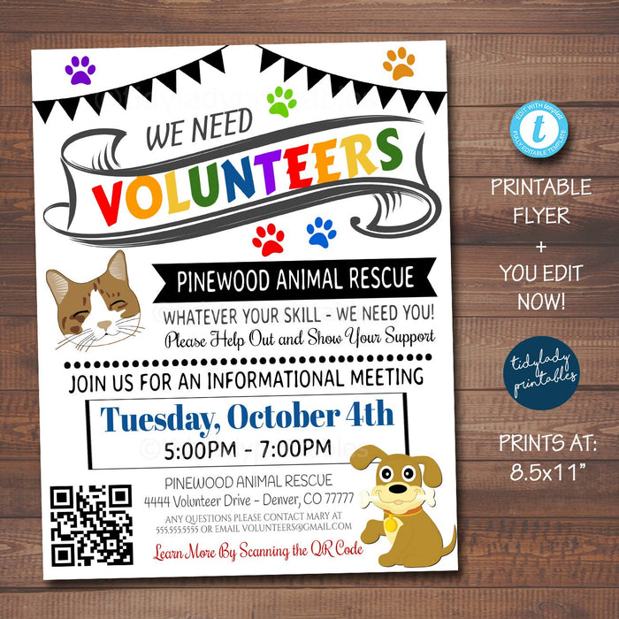EDITABLE Volunteer Recruitment Flyer, Printable Handout, Pet Animal Rescue Sign, Animal Shelter Workers, We Need Volunteers, TEMPLATE