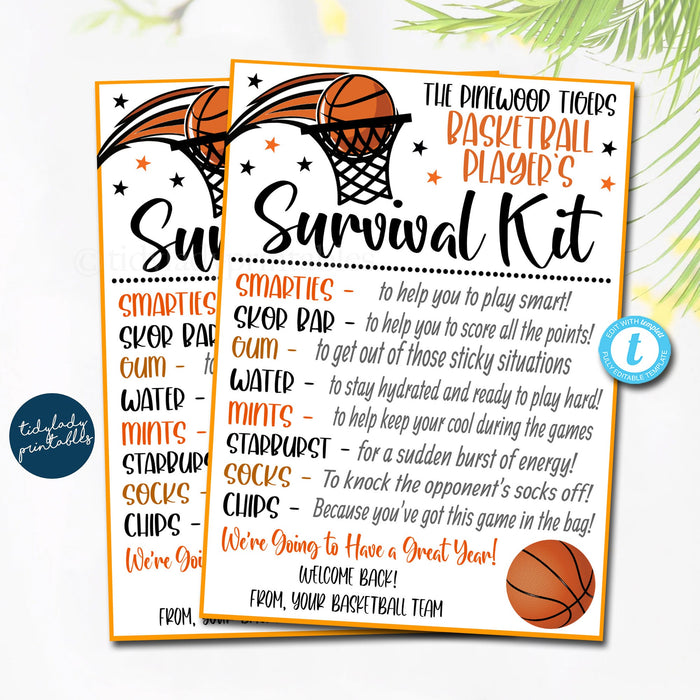 EDITABLE Basketball Survival Kit Printable, Basketball Player Gift, Team Kids School Sports, Basketball Snack Treat Tags, Team Idea TEMPLATE