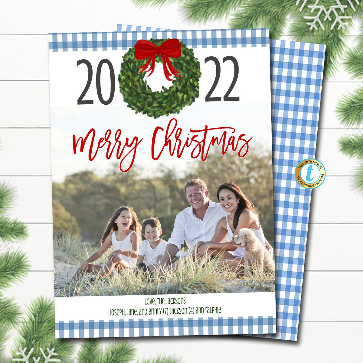 Holiday Photo Card Template, Christmas Preppy Blue and White